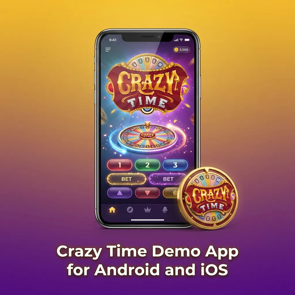 Smartphone showing Crazy Time demo in a casino app, with colorful wheel game interface on the mobile screen