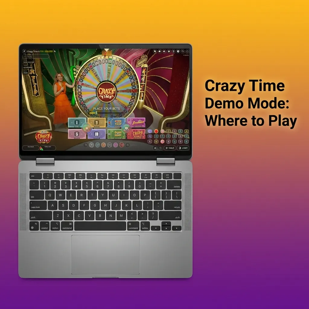 Illustration of Crazy Time live wheel game on a laptop, with demo mode interface and virtual betting chips visible
