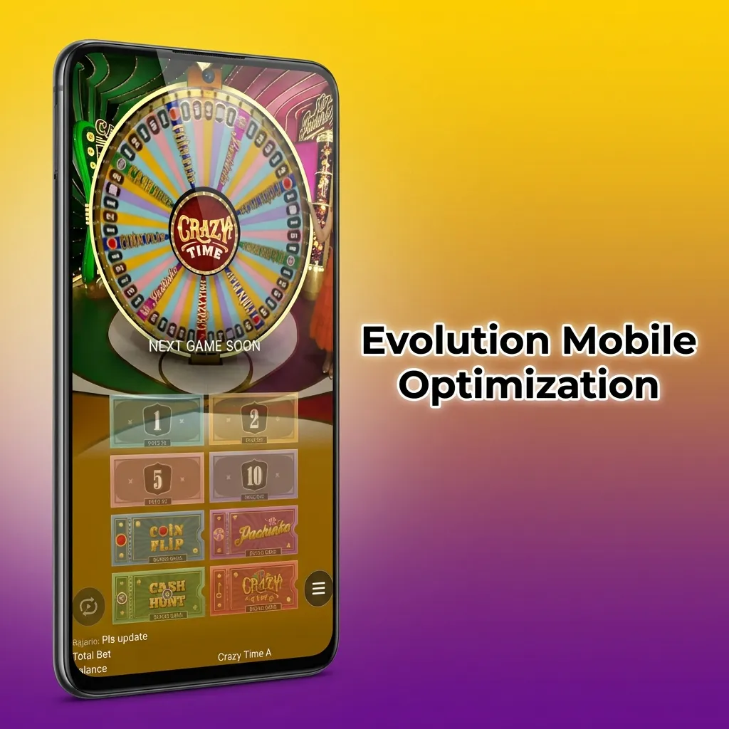 Smartphone displaying Evolution Crazy Time game with large buttons, readable text, and adaptive video on a mobile casino interface