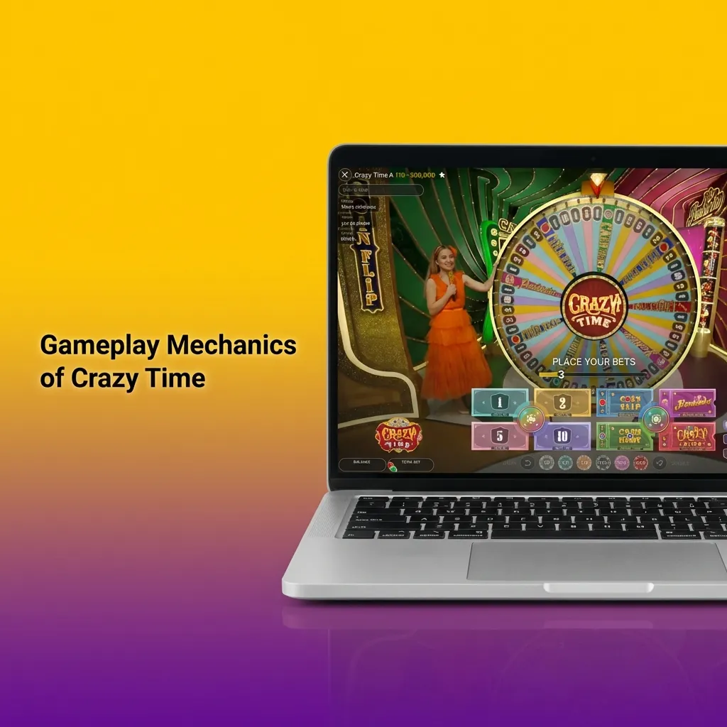 Crazy Time casino game screen with large segmented wheel, Top Slot multiplier above, and betting controls and balance below