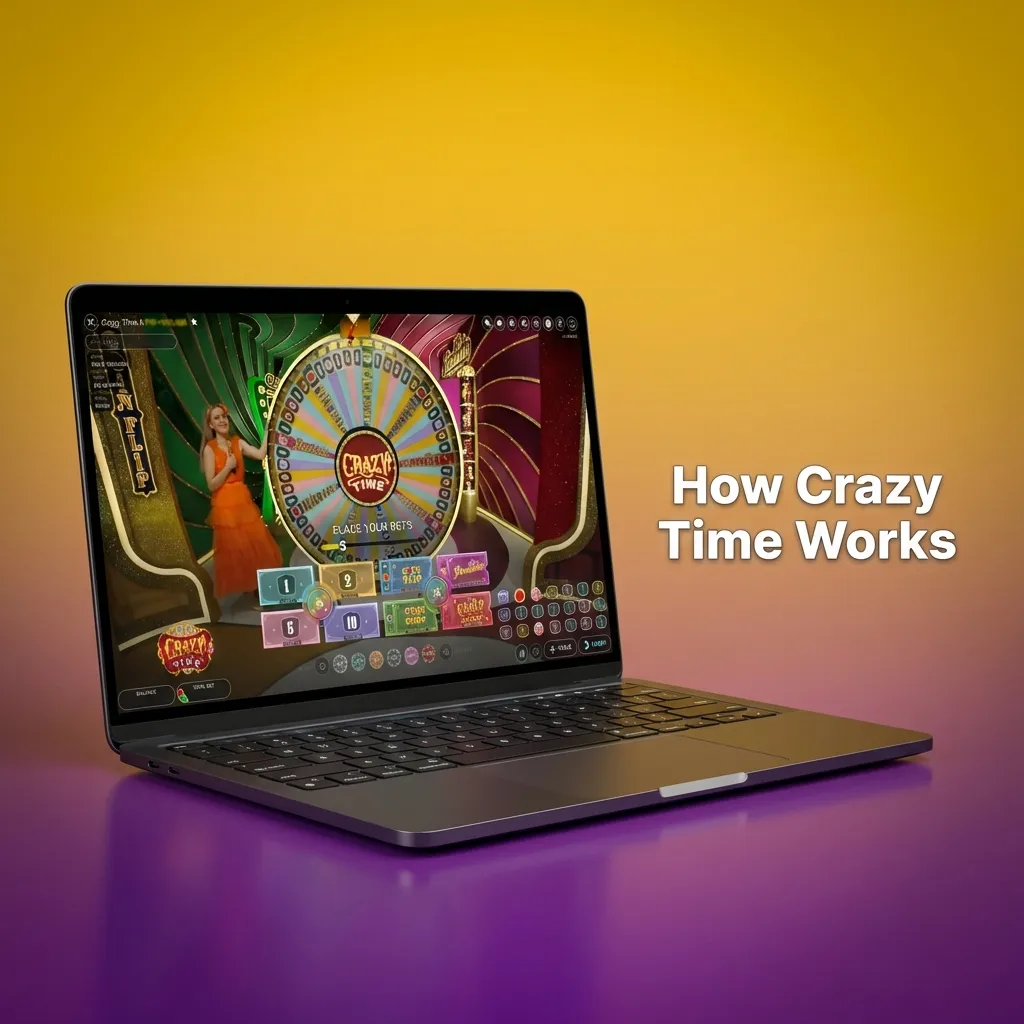 Illustrated Crazy Time guide showing live host spinning a segmented betting wheel and steps for placing bets and winning bonuses