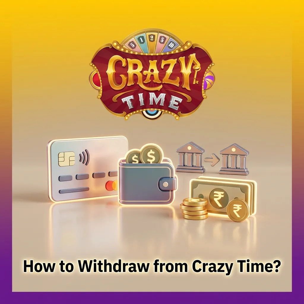 Illustrated guide showing Crazy Time withdrawal steps: verify KYC, select payment method, enter amount, and track status.