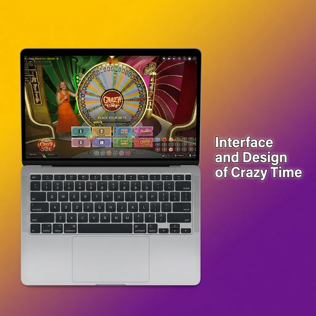 Crazy Time game show-style interface with bright stage, large wheel, clear betting grid, and on-screen balance and controls