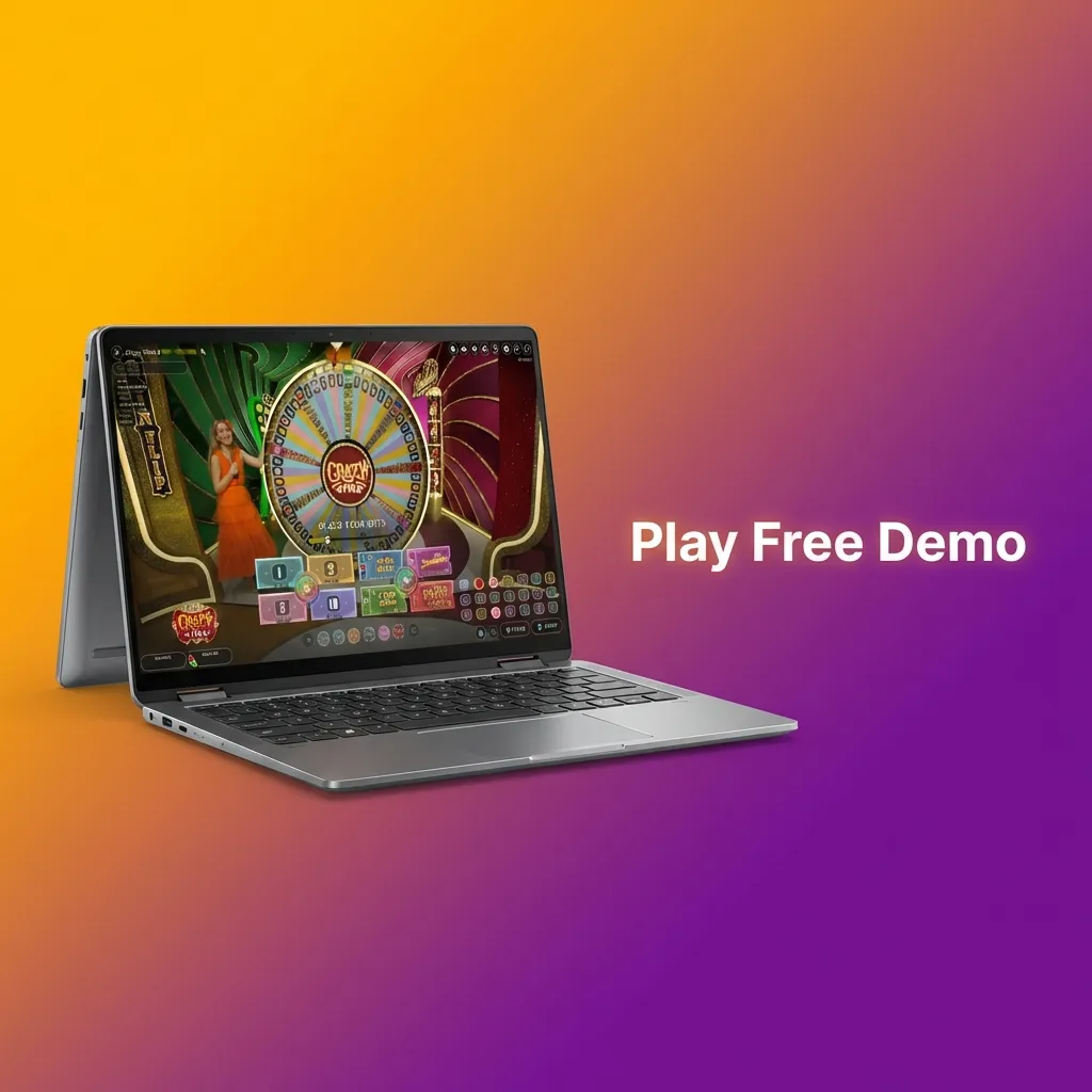 Online Crazy Time demo game screen with spinning wheel, betting board layout, and practice bets highlighted