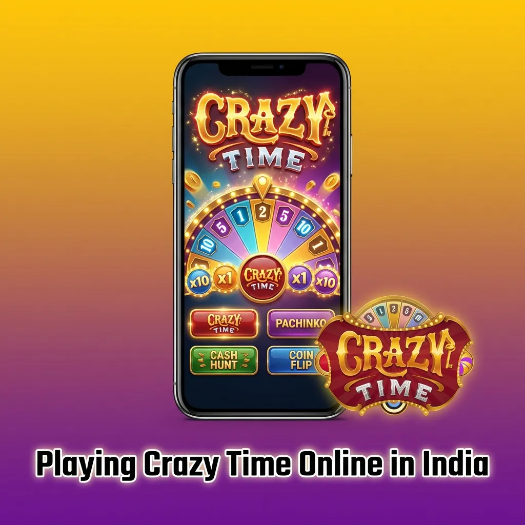 Indian player on phone registering at Crazy Time casino site, with colorful live game wheel and payment app icons visible