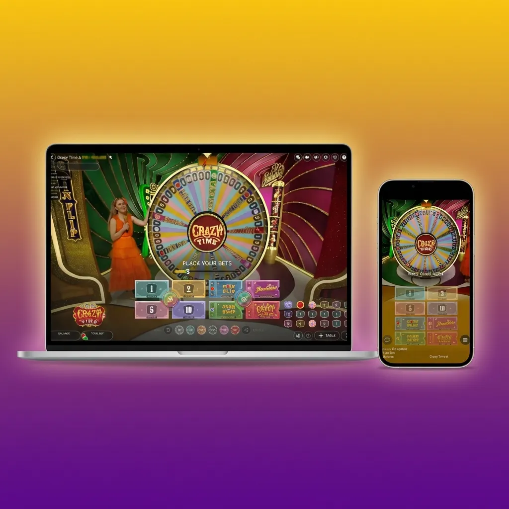 Crazy Time app on Android, iOS, Windows and macOS, showing touch controls on mobile and expanded stats and chat on desktop