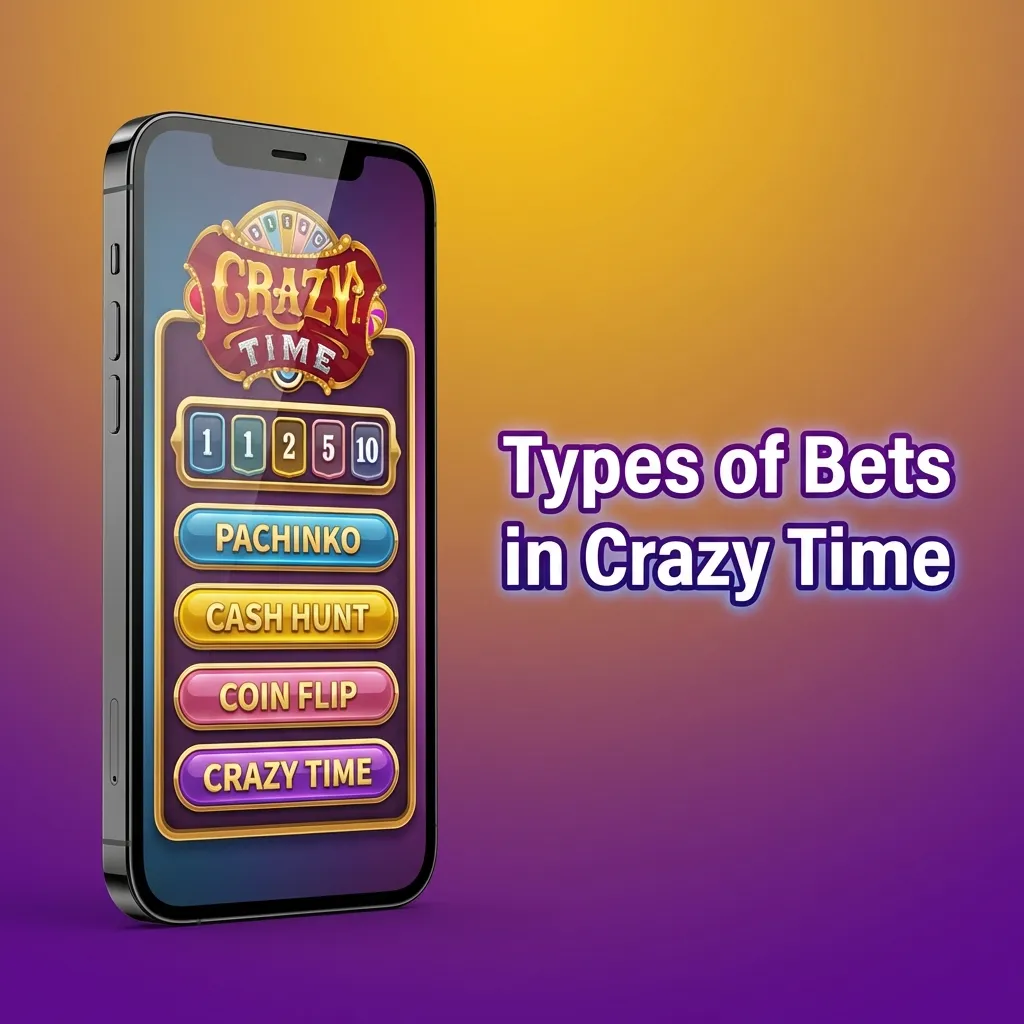 Infographic titled “Types of Bets in Crazy Time” explaining number, bonus, and mixed bet strategies with risk and volatility.