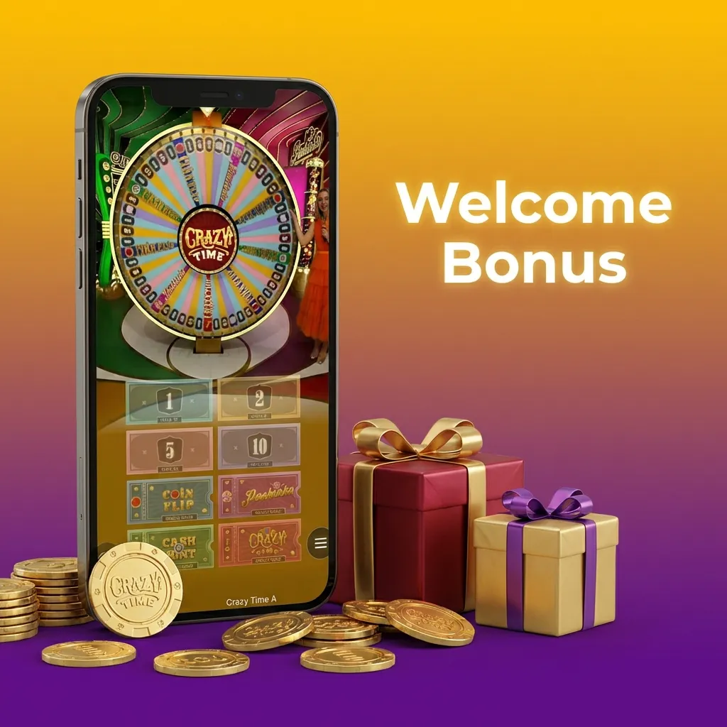Colorful “Welcome Bonus” casino banner highlighting matched rupee deposits and free spins for new Crazy Time players