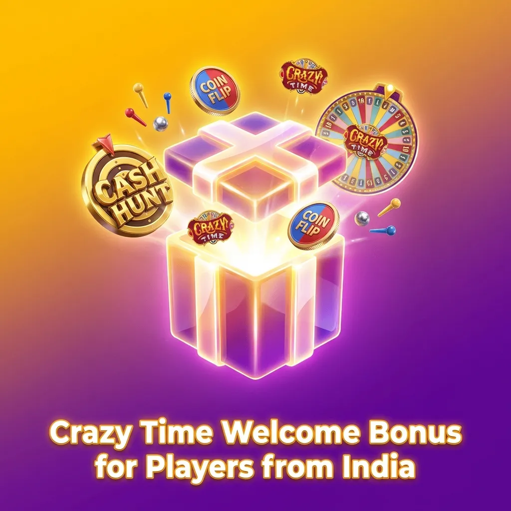 Colorful Crazy Time casino welcome bonus banner for Indian players, showing rupees, slot icons, UPI logo, and promo text