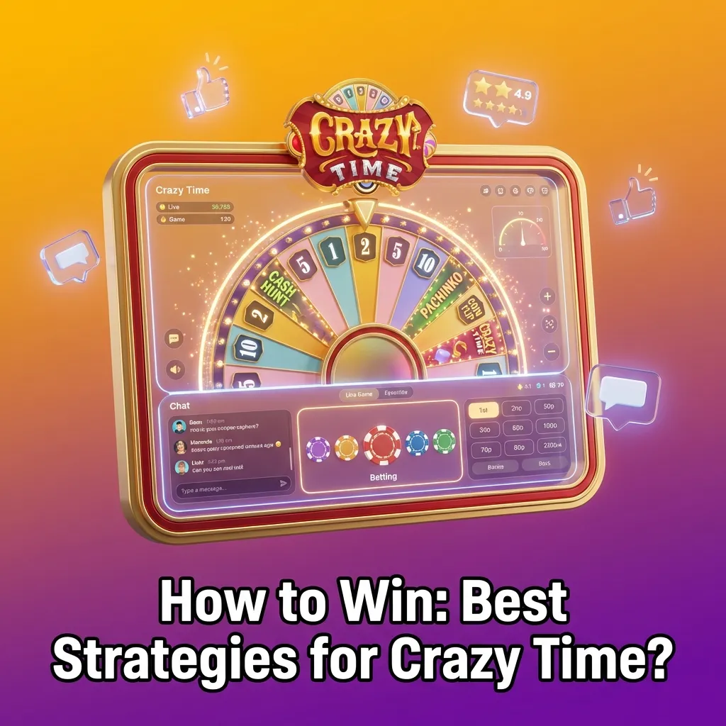 Illustration of Crazy Time wheel with icons for safe bets, bonus rounds, flat staking, and bankroll management tips