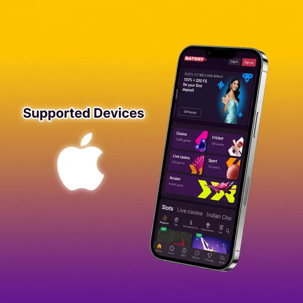 Supported Apple devices list for Batery Crazy Time PWA, showing iPhones and iPads compatible with iOS 12 or later