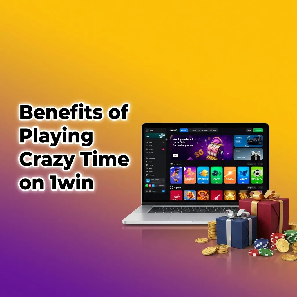 Graphic listing 1win Crazy Time benefits: rupee deposits, live chat, stats, four bonus games, and mobile play for Indian users
