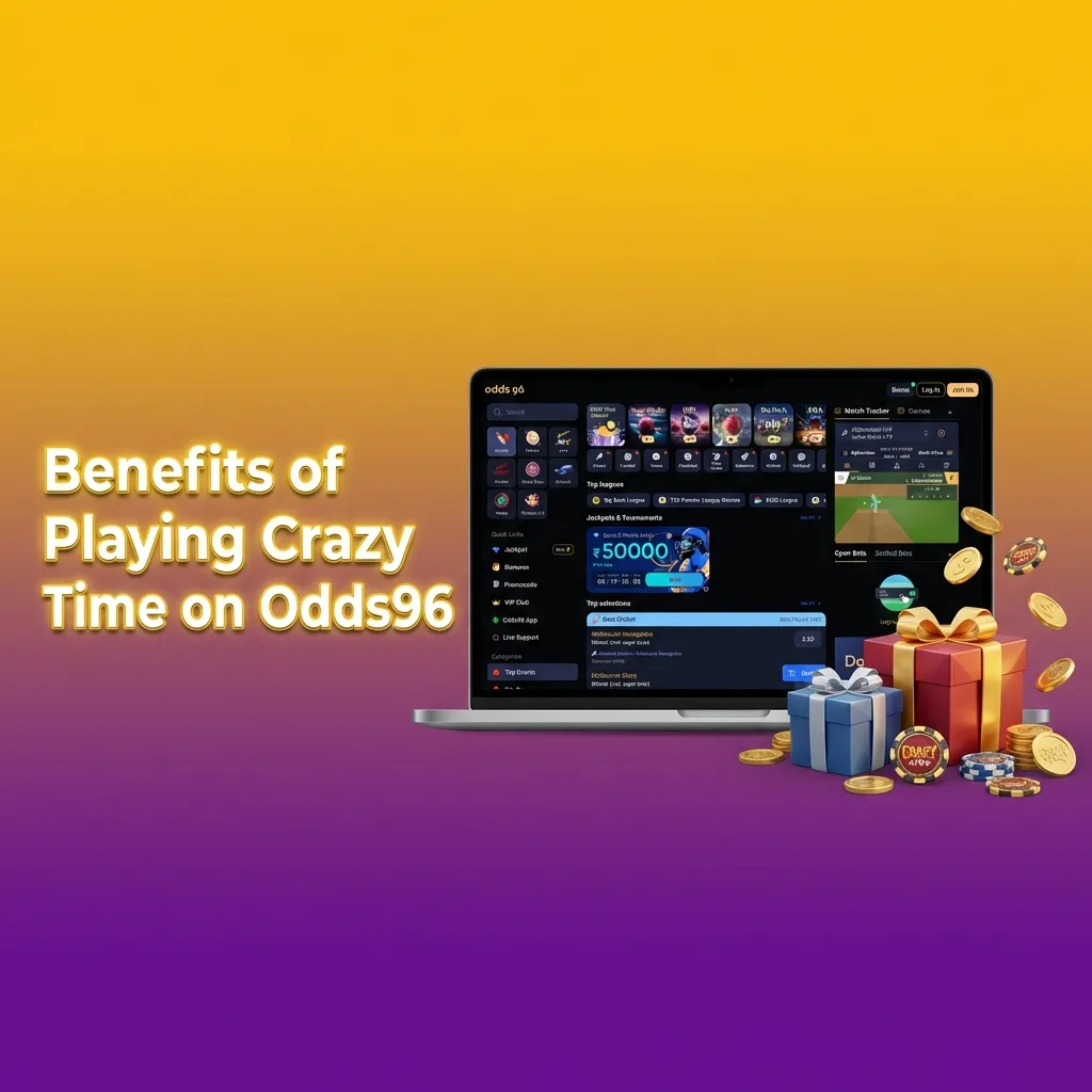 Infographic listing Crazy Time benefits on Odds96 for Indian players, including live chat, stats, high RTP and fast INR payments