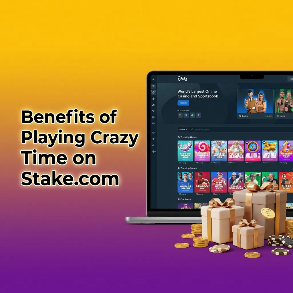 Graphic listing Crazy Time Stake.com benefits: live chat, stats, high RTP, crypto payments, and mobile-friendly interface.