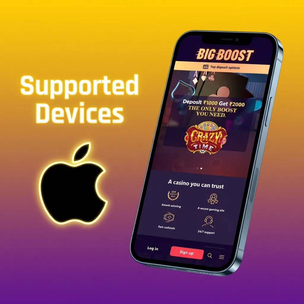 Graphic listing supported Apple devices for Big Baazi / Big Boost Crazy Time iOS PWA, including iPhone 11–14 and iPads