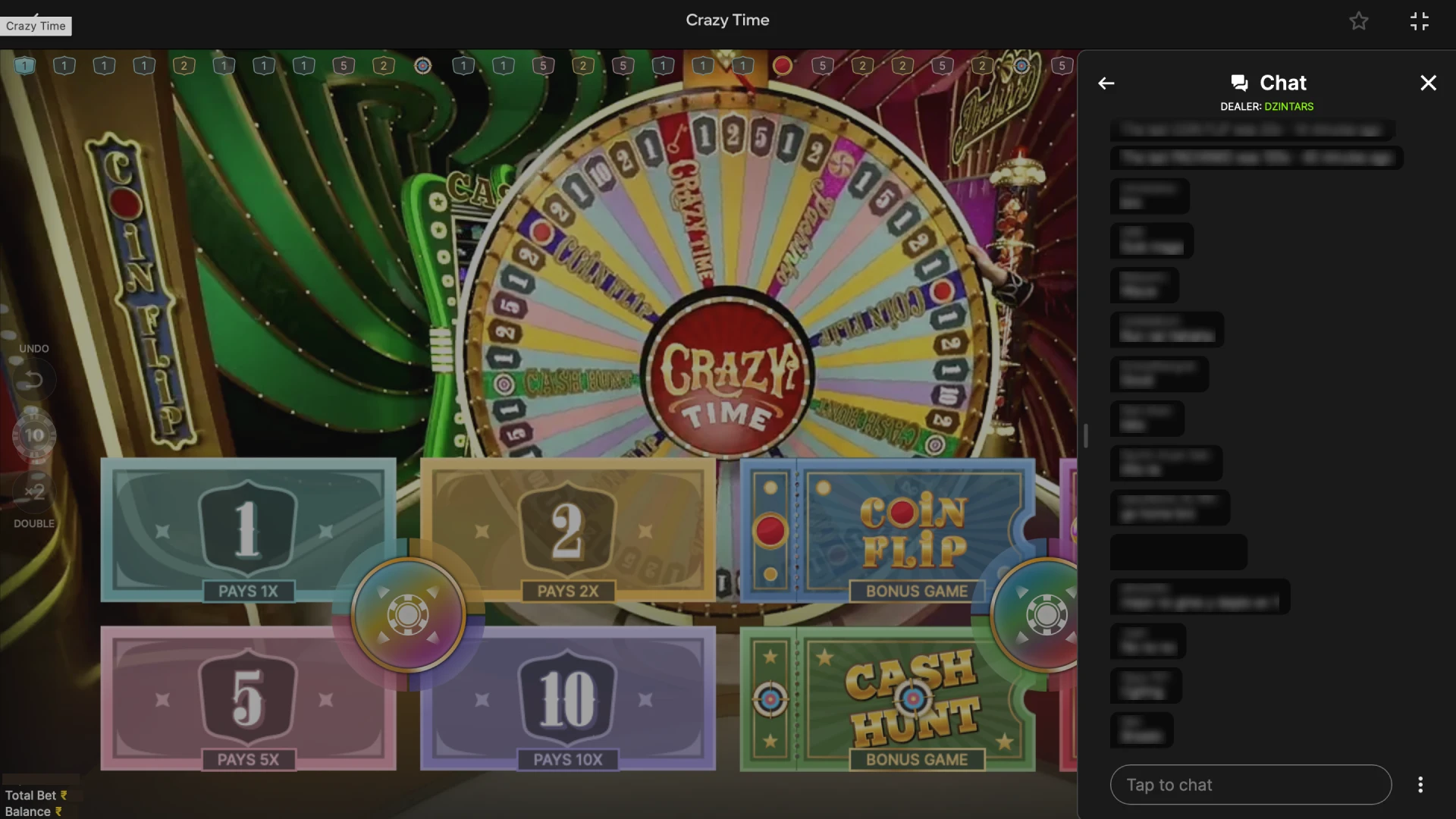 Interact with other players through the live chat and check recent results in the Crazy Time history tracker.