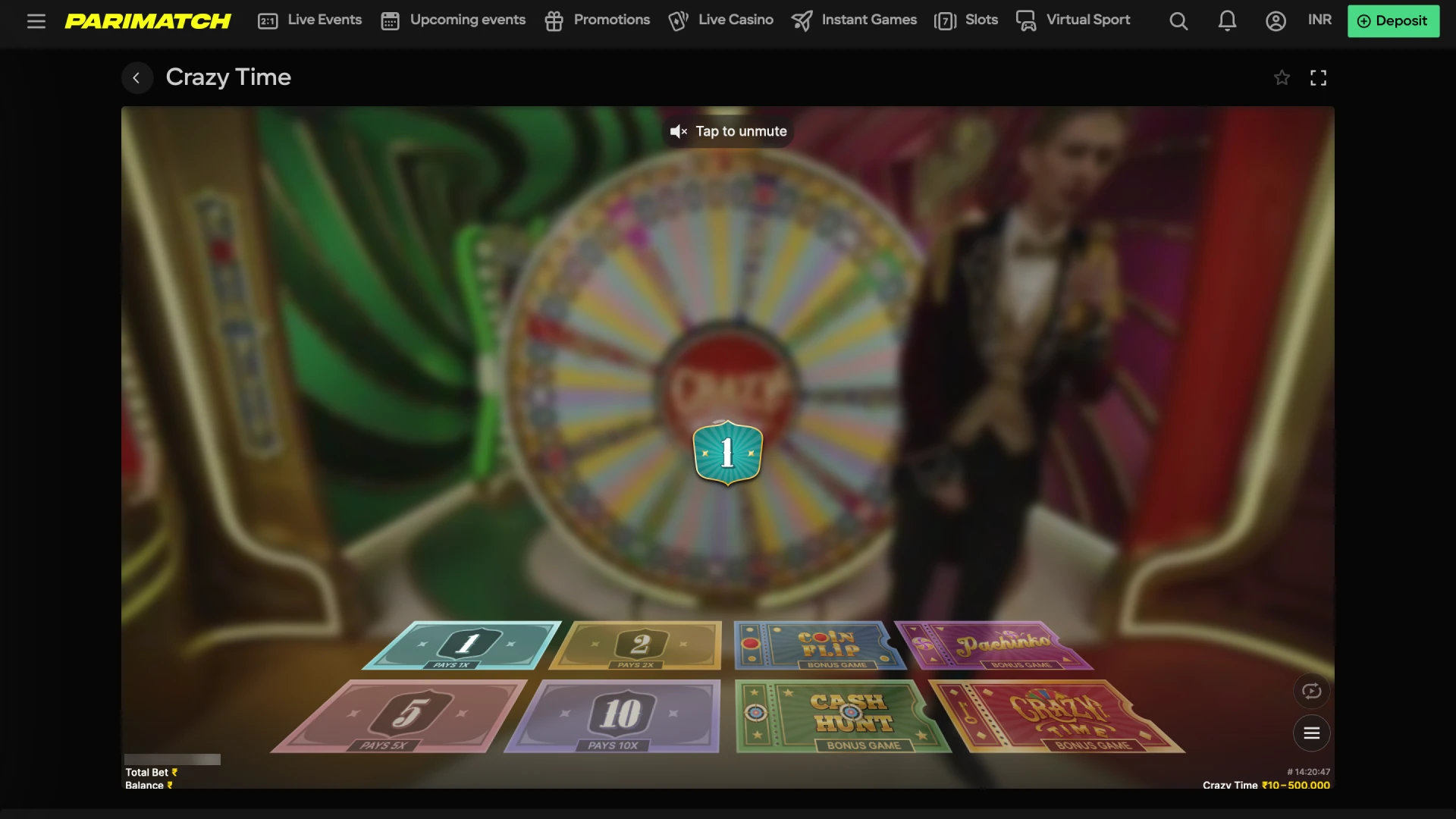 Place your bets on the colorful Crazy Time wheel using the chips at the bottom center of the screen.