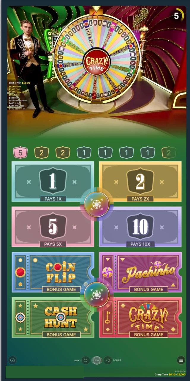 Place your bets using colorful chips on the eight main betting boxes for numbers and bonus rounds in Crazy Time.