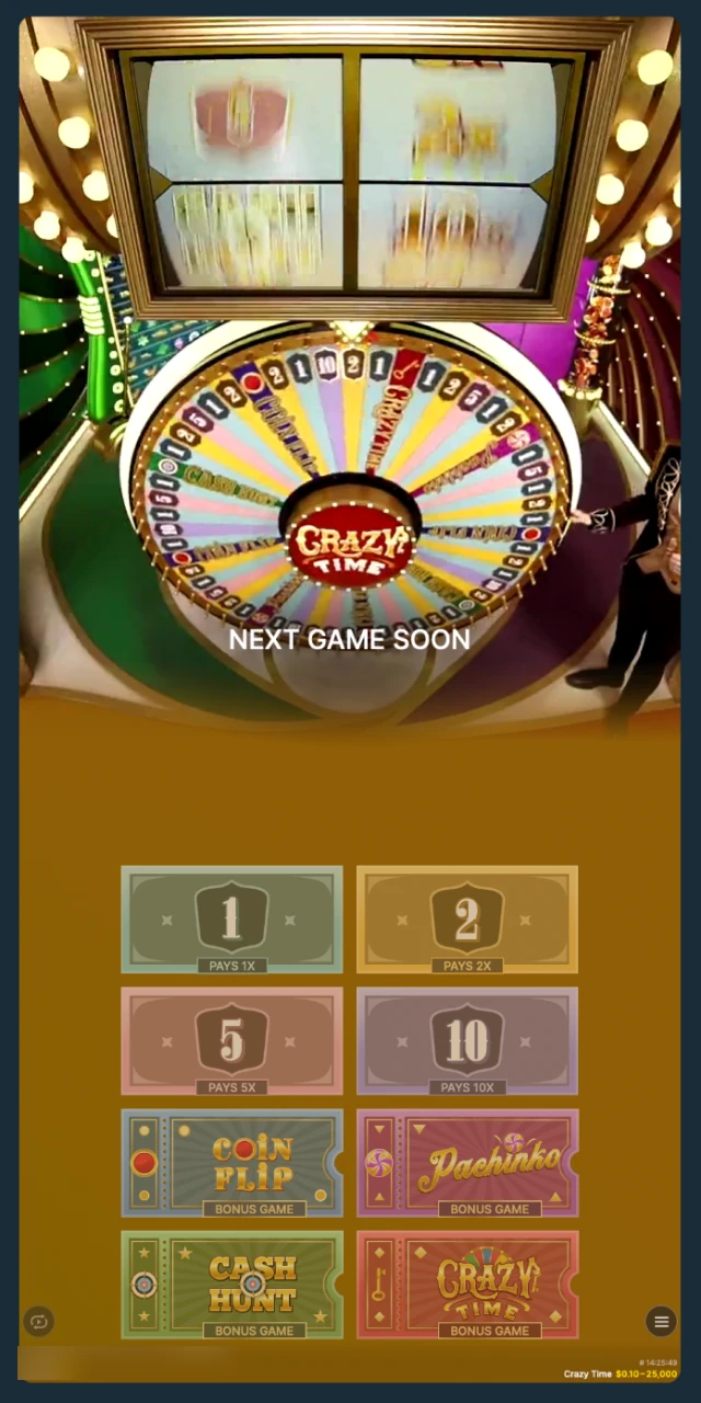 The vibrant Crazy Time studio with a large vertical wheel and the Top Slot multiplier screen above it.