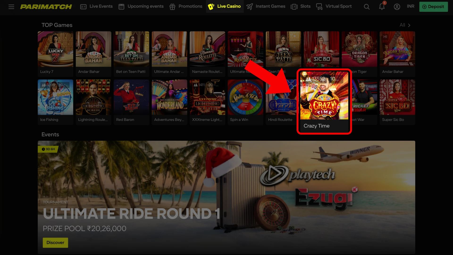 Find and enter the Crazy Time live studio from the live casino section of your chosen gambling site.