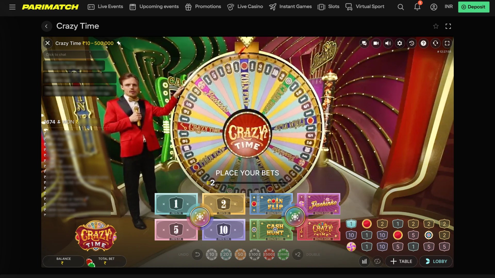 Place your bets on numbers or bonus rounds during the betting period before the Crazy Time wheel spins.