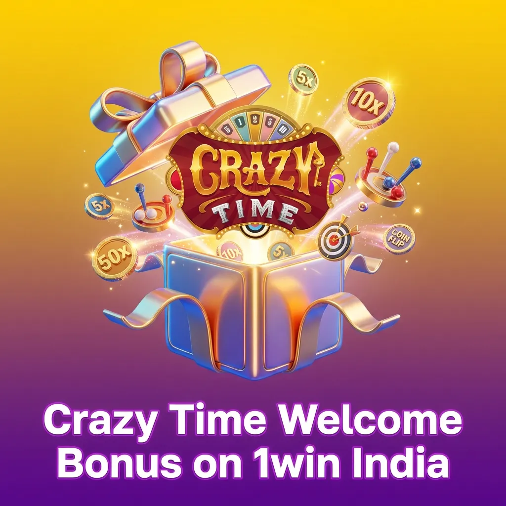 Promotional banner showing “Crazy Time Welcome Bonus on 1win India” with 500% up to ₹75,000 offer for new casino players