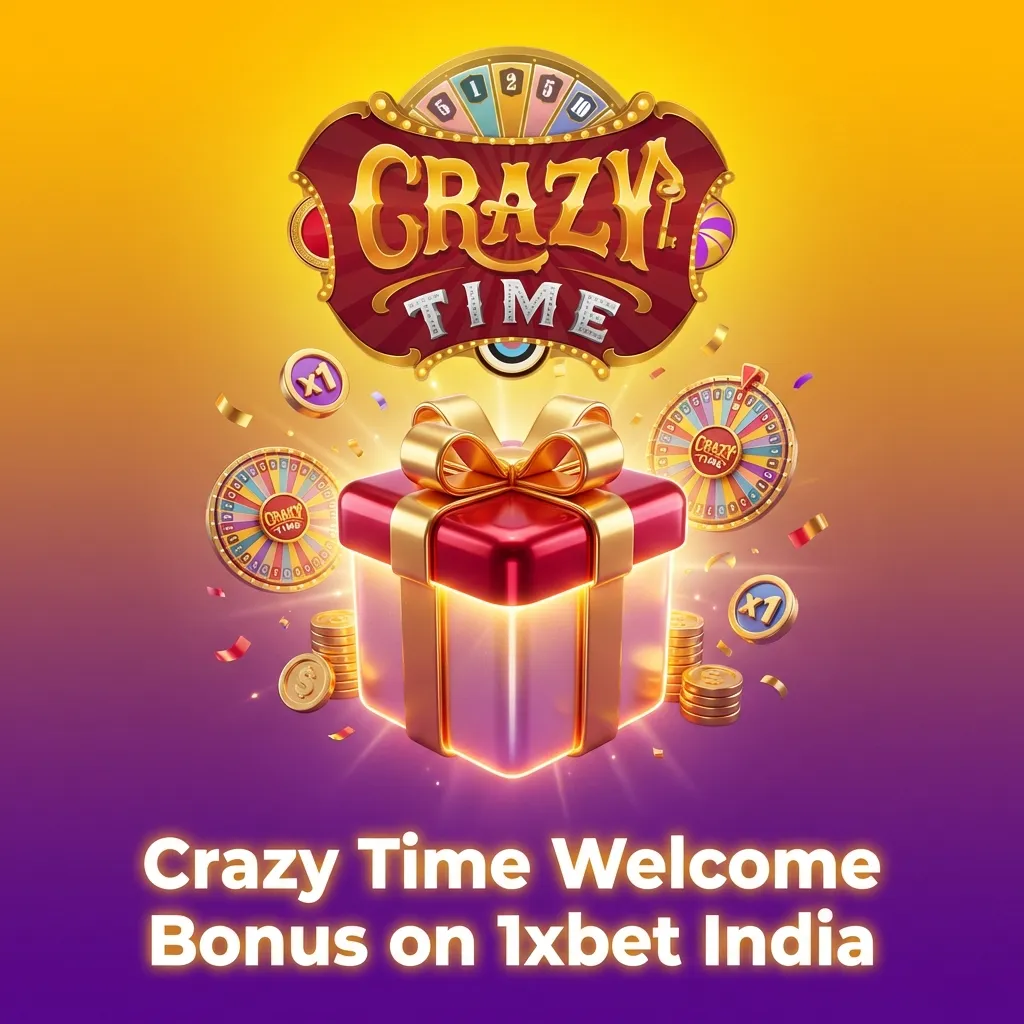 Banner for 1xBet India Crazy Time welcome bonus: 100% up to ₹20,000 for new casino players, with app steps listed