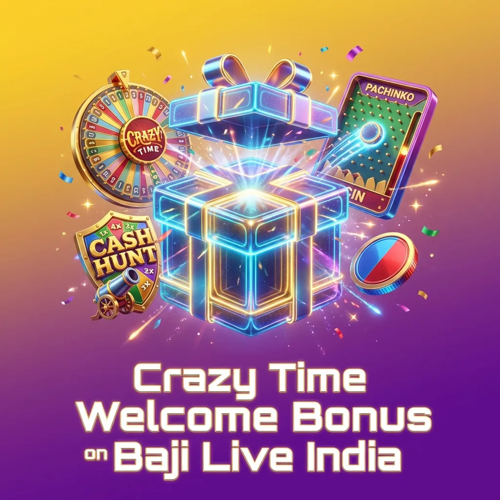 Banner for Baji Live India Crazy Time welcome bonus, showing 100% slots & fishing FTD, 77% sports FTD, 50% sports offer.