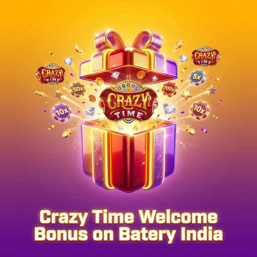Colorful Crazy Time game screen with “Batery India 200% sports, 150% + 200 spins casino welcome bonus” text