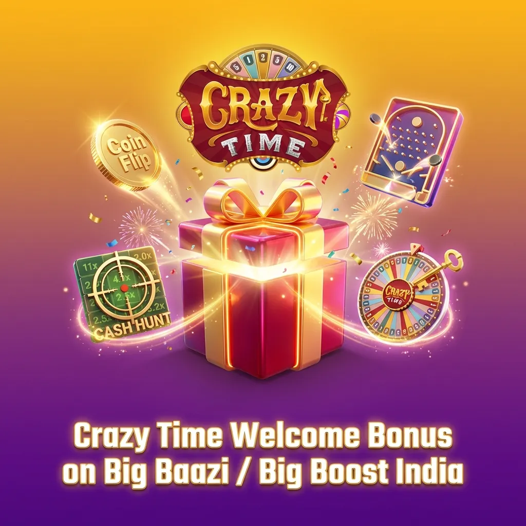 App banner showing “Crazy Time Welcome Bonus” up to ₹1 Lakh over first 3 deposits for Indian online casino players