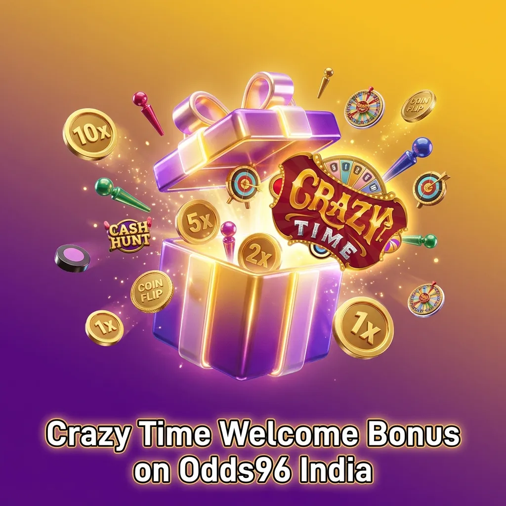 Odds96 India promo screen showing Crazy Time welcome bonus details and steps to claim the casino offer