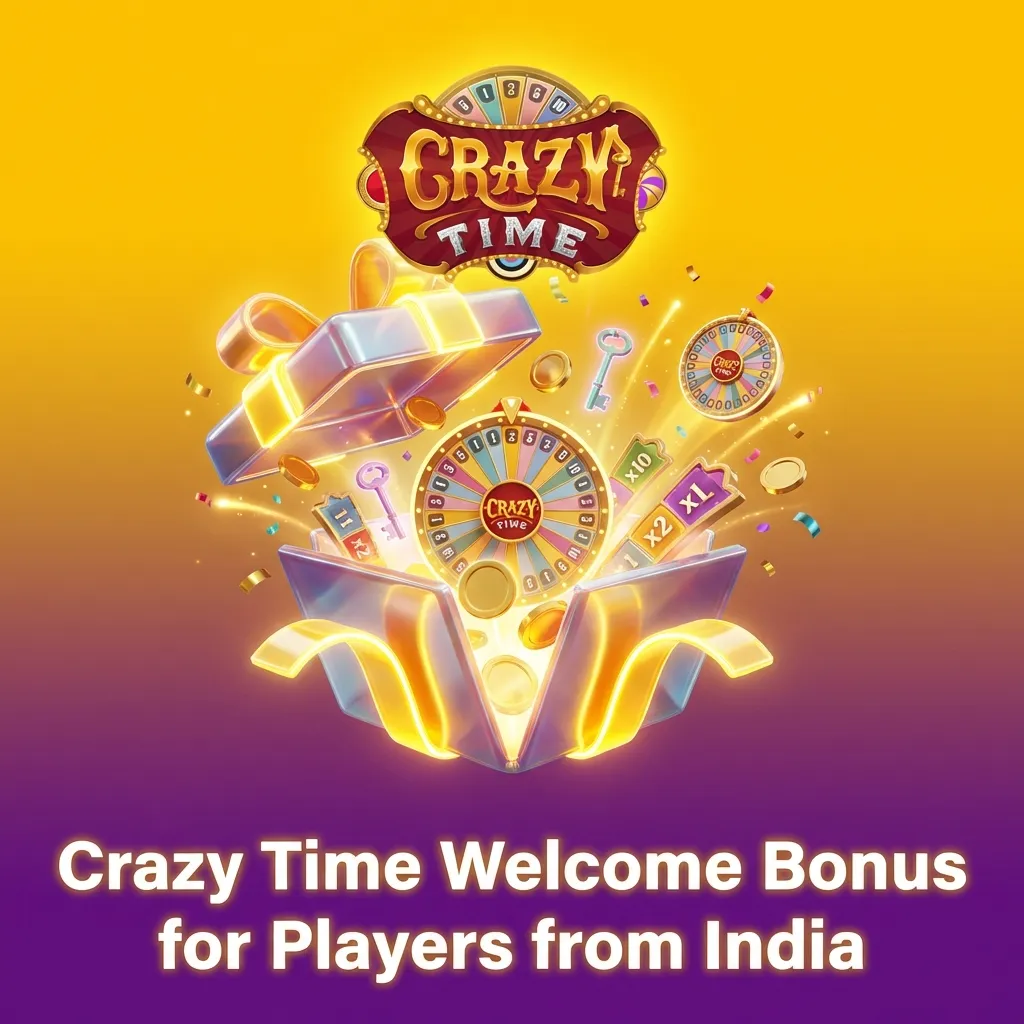 Colorful casino promo banner: “Crazy Time Welcome Bonus for Indian players – 150% up to ₹30,000” with game wheel graphics