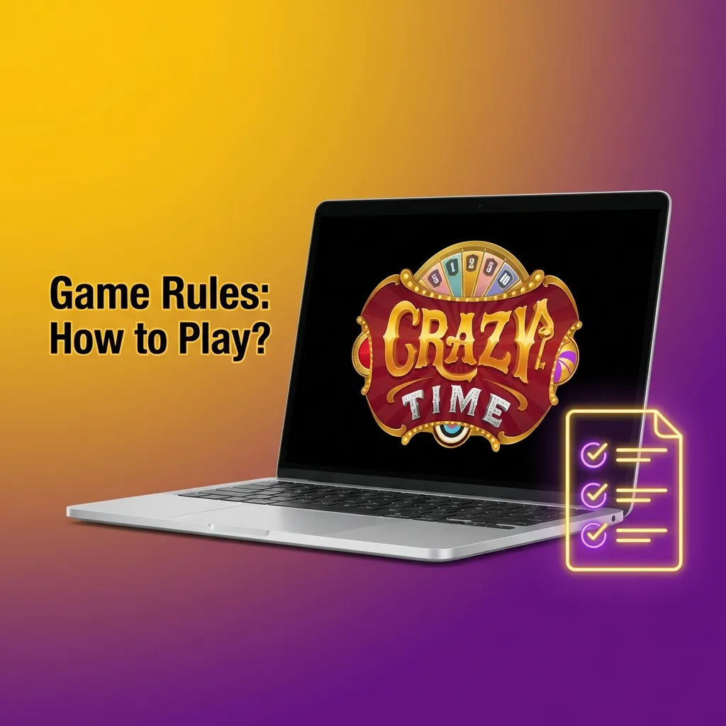 Illustrated Crazy Time wheel game rules showing betting on numbers or bonus rounds and winning by matching the segment where wheel stops