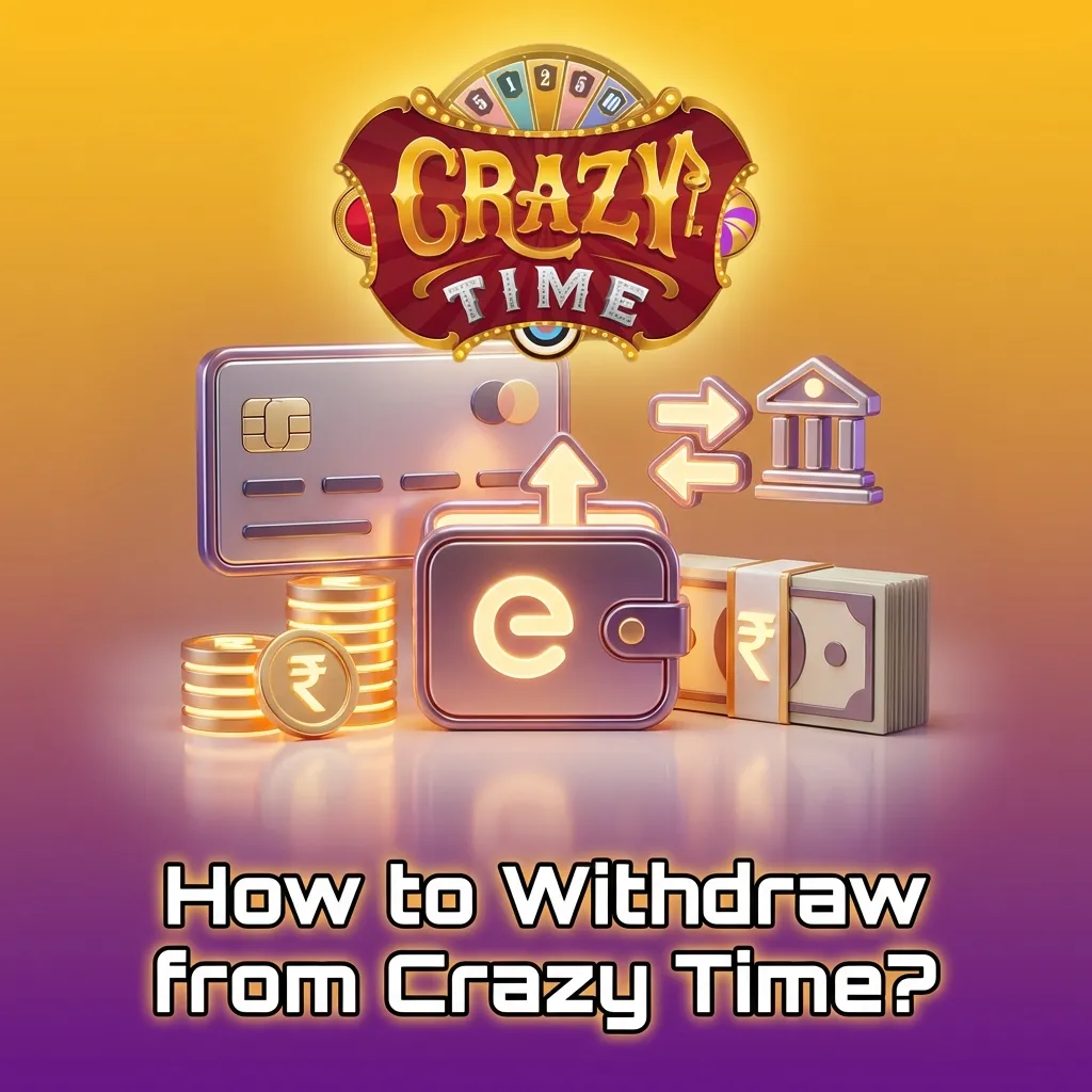 Illustration of a player withdrawing Crazy Time winnings via online cashier, showing steps, KYC check, and secure transfer icons