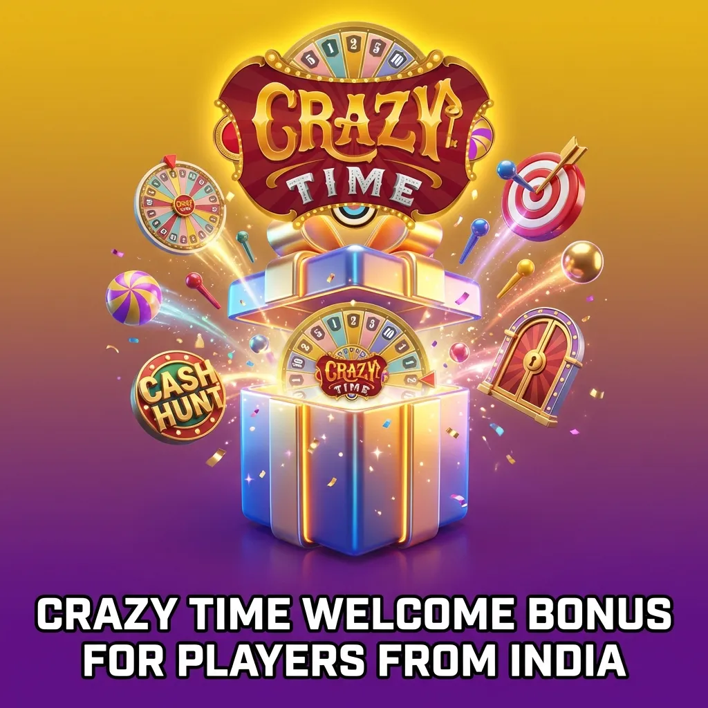 Colorful Crazy Time welcome bonus banner for Indian players, showing 200% up to ₹1,00,000 and raffle promotion details