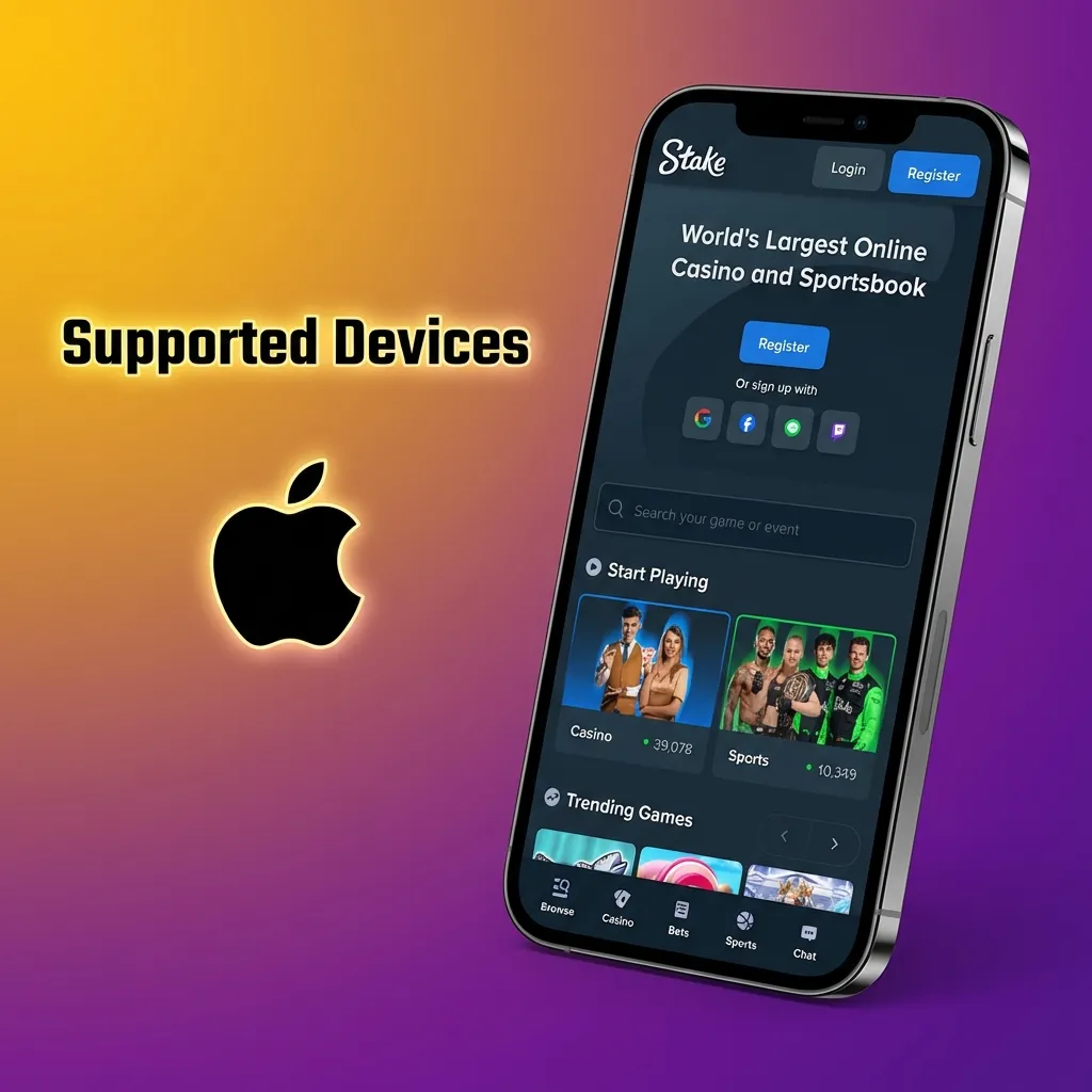 Graphic listing supported Apple devices for Stake.com Crazy Time PWA, including various iPhone 11–15 and recent iPad models